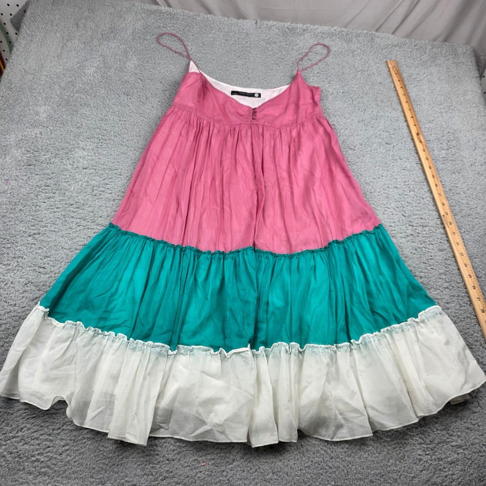 Zara Basic Women Pink Teal White Silk Blend Tiered Ruffle Boho Mini Dress Large